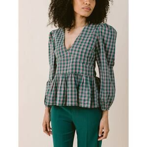 LaRoque Cara Top Peplum Puff Sleeve Blouse in Green Plaid size Medium NEW